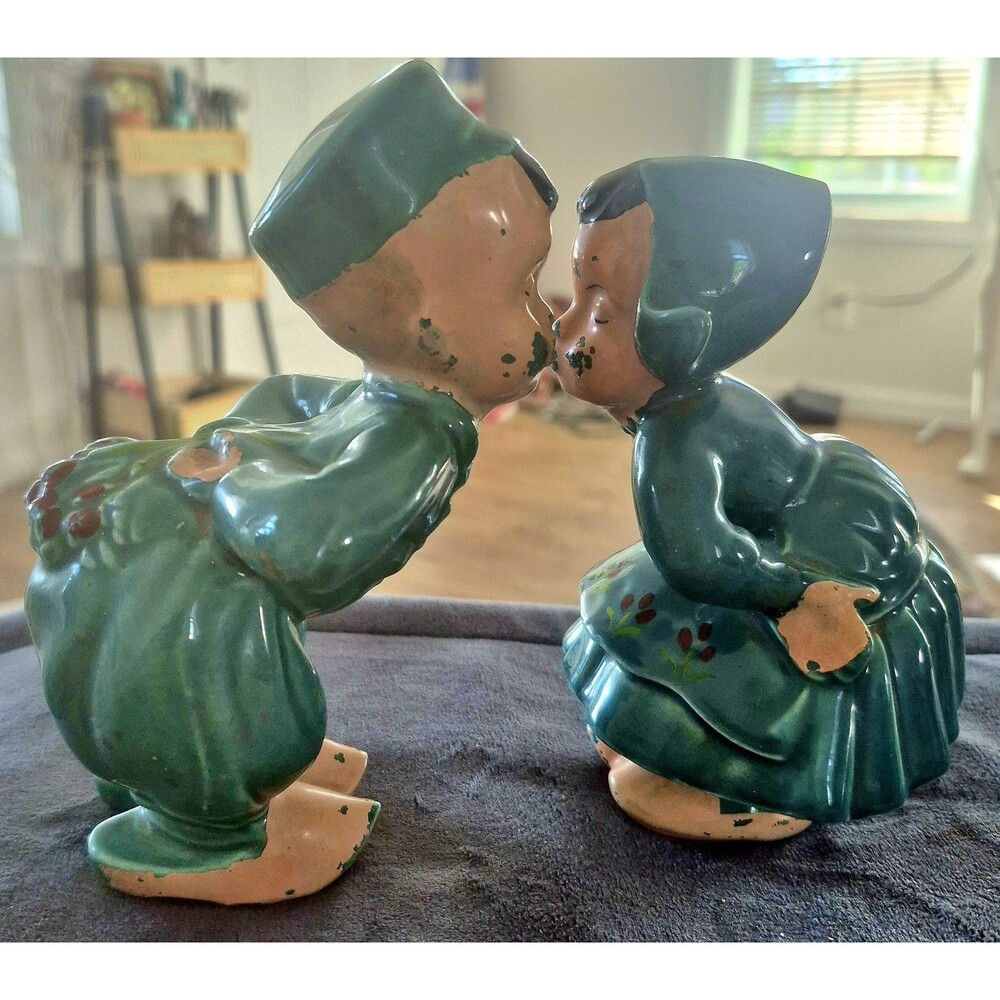 Vintage Dutch Kissing Boy and Girl Ceramic Figurines Mid Century Hobbyist Mold